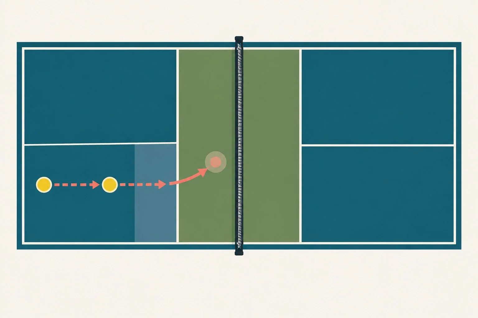 Primer plano de la preparación compacta, el punto de contacto y la trayectoria baja de una caída de pickleball