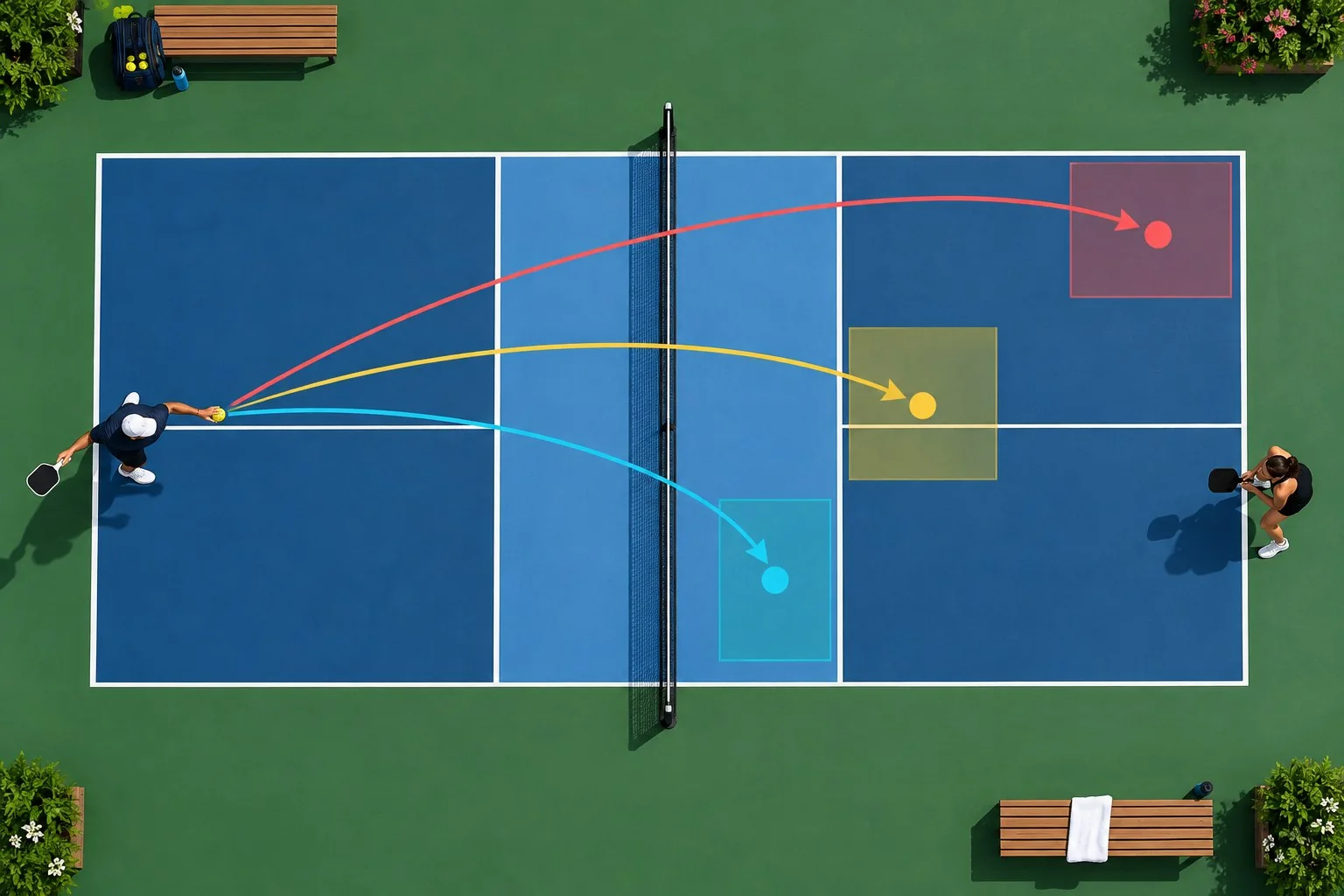 Diagrama comparativo dos alvos de saque: backhand, corpo e centro