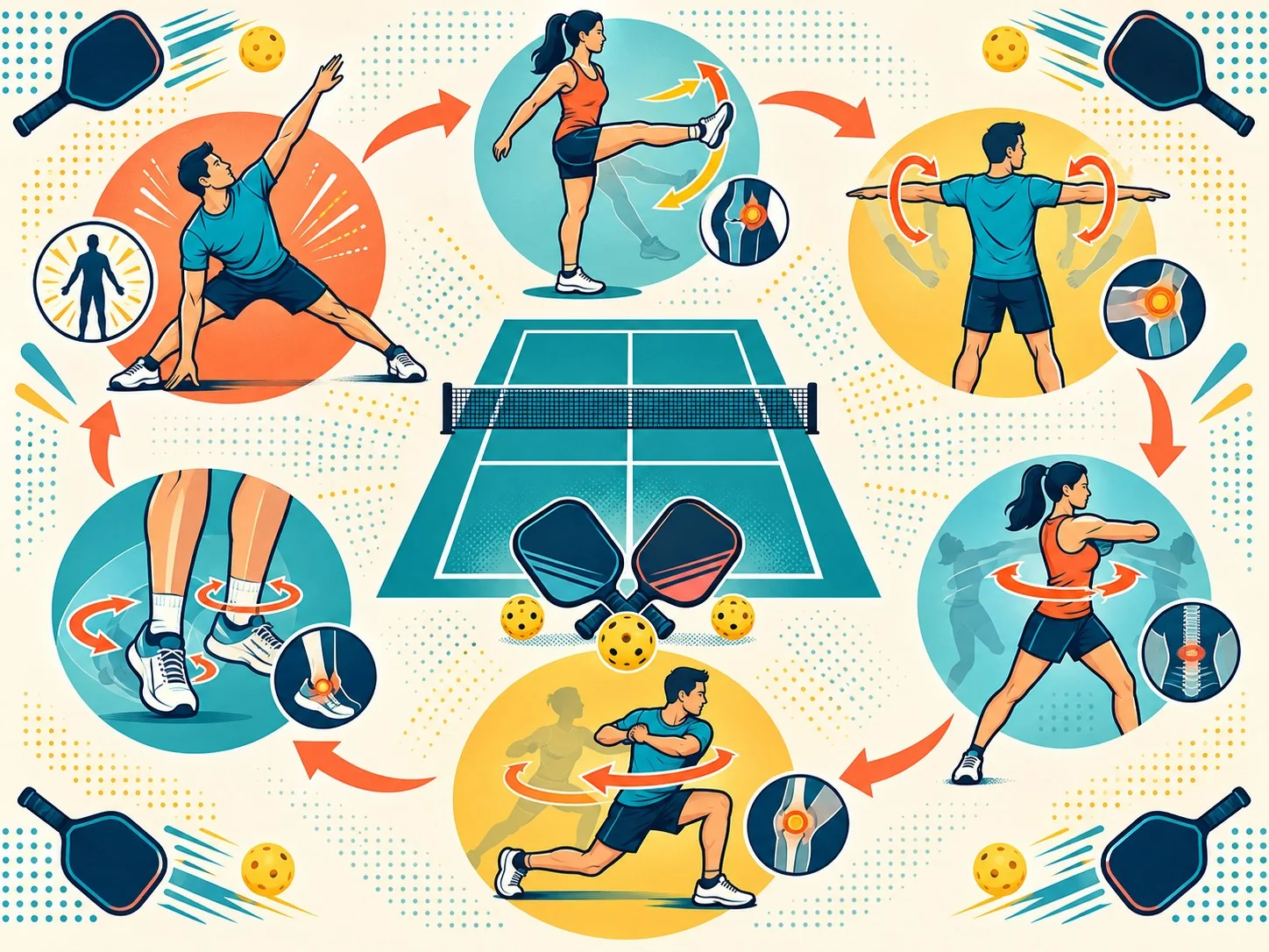 Instructional pickleball warm-up visual showing light cardio and lateral shuffles
