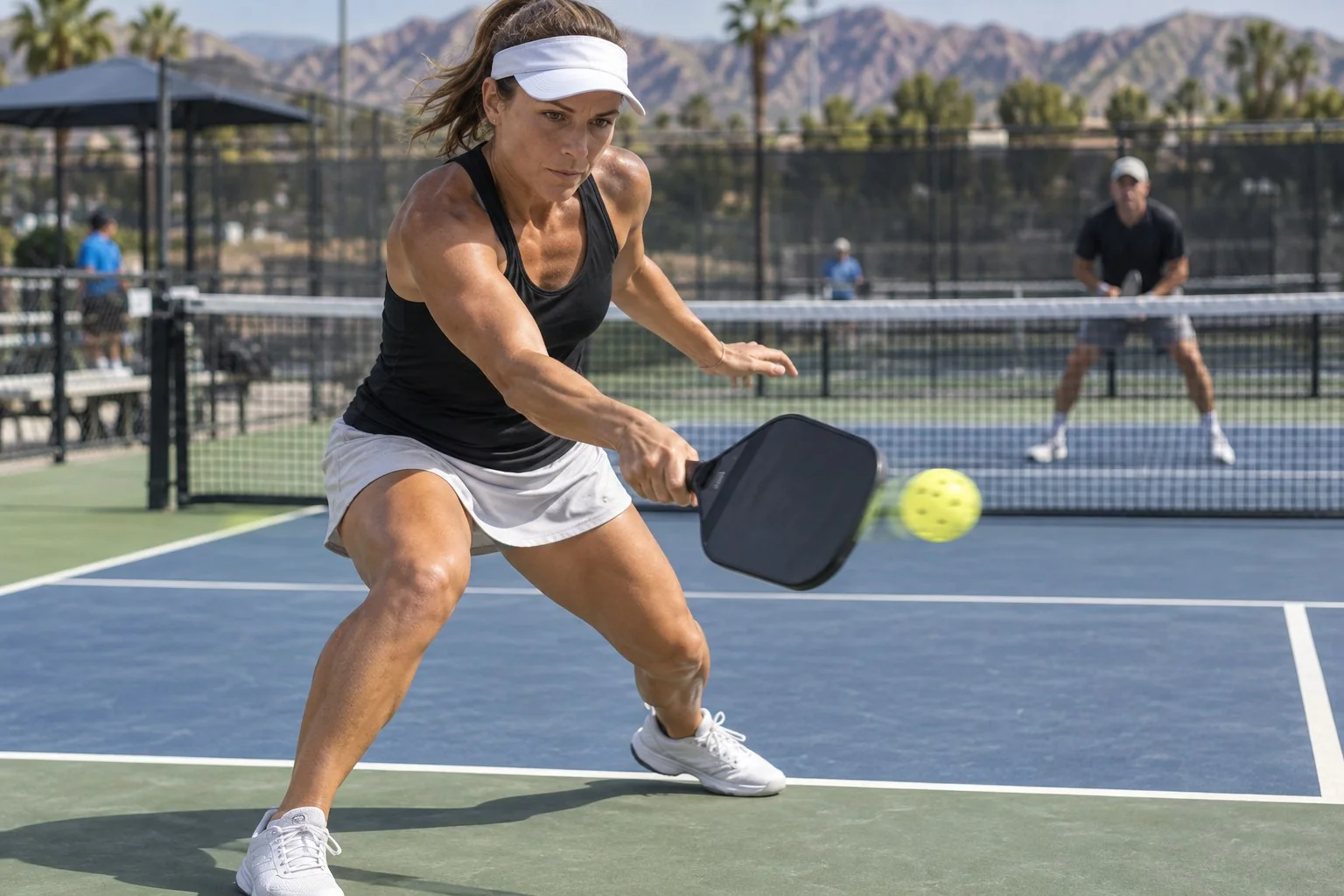 Technical pickleball coaching close-up showing balanced contact and an open paddle face on a fast return