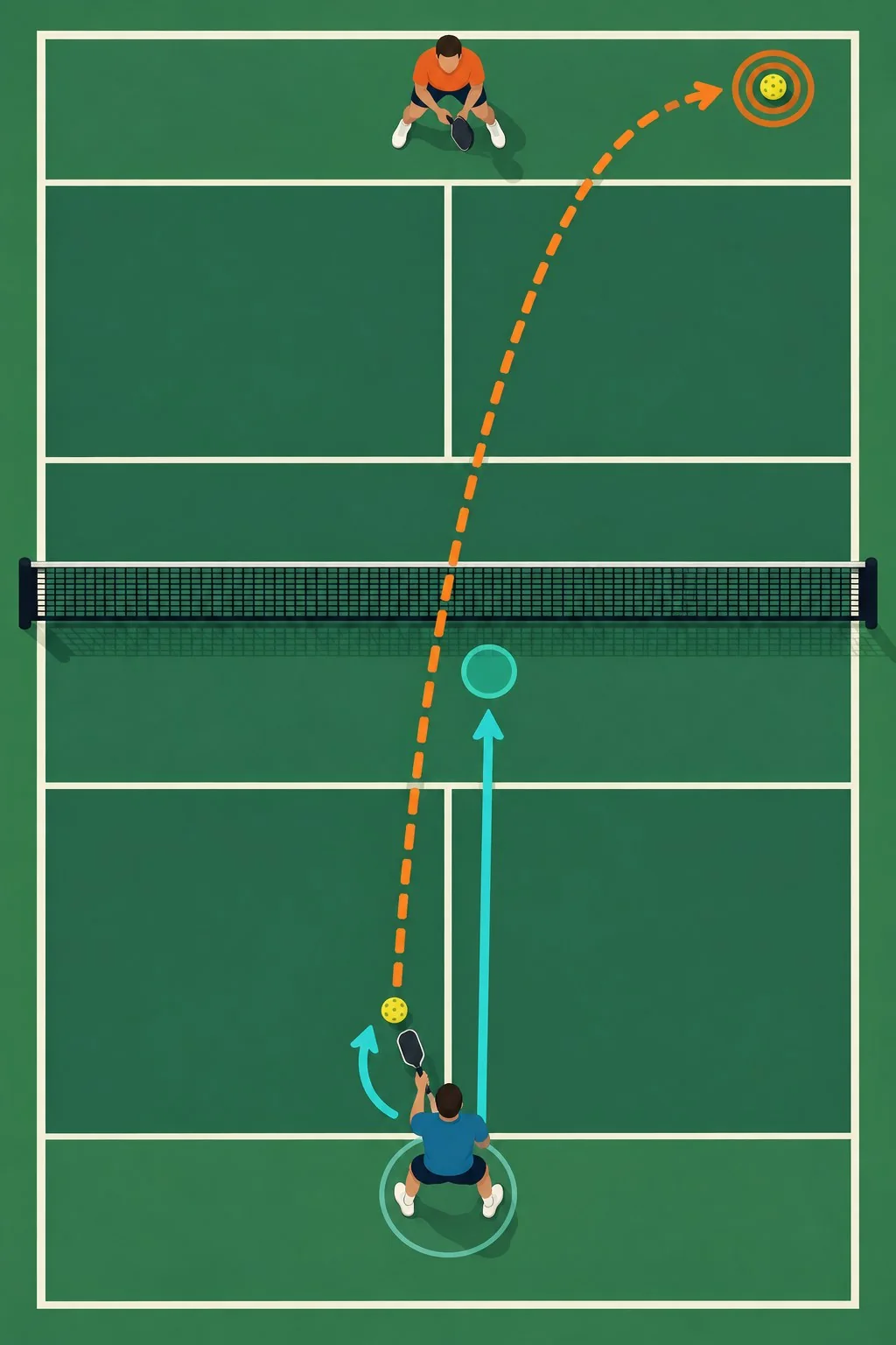 Overhead drill diagram showing a compact fast-serve return, deep landing zone, and forward recovery path