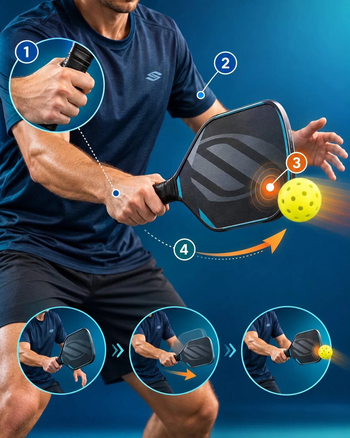 Close-up diagram of the continental grip, ready position, and compact volley contact