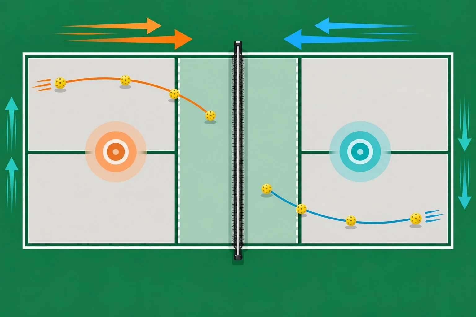 Diagrama de trajetórias e zonas seguras no pickleball com vento