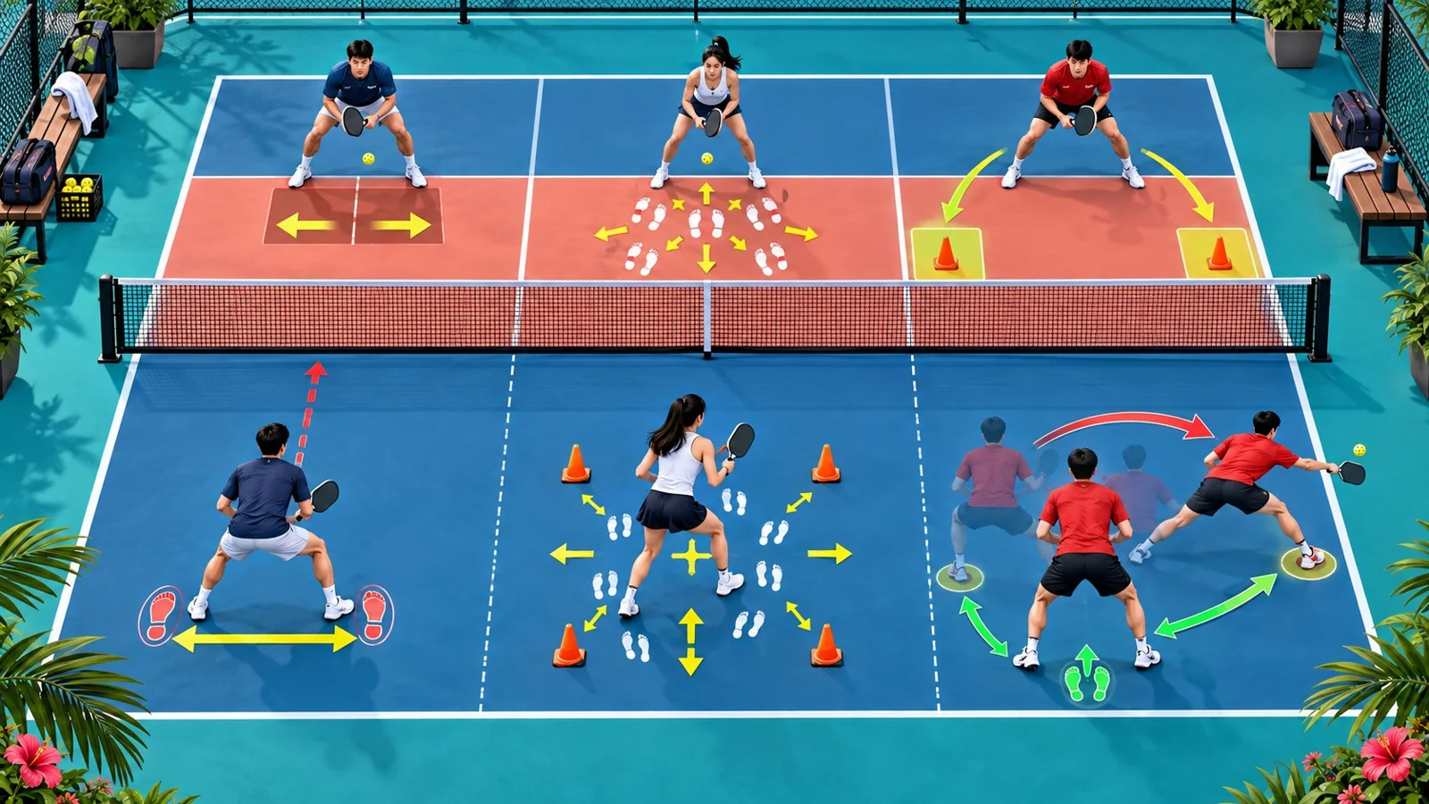 Sơ đồ ba trạm luyện split step, bước nhỏ và hồi vị về giữa sân