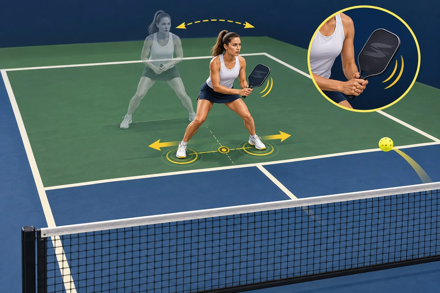 Instructional pickleball visual showing ready position and split step at the kitchen line