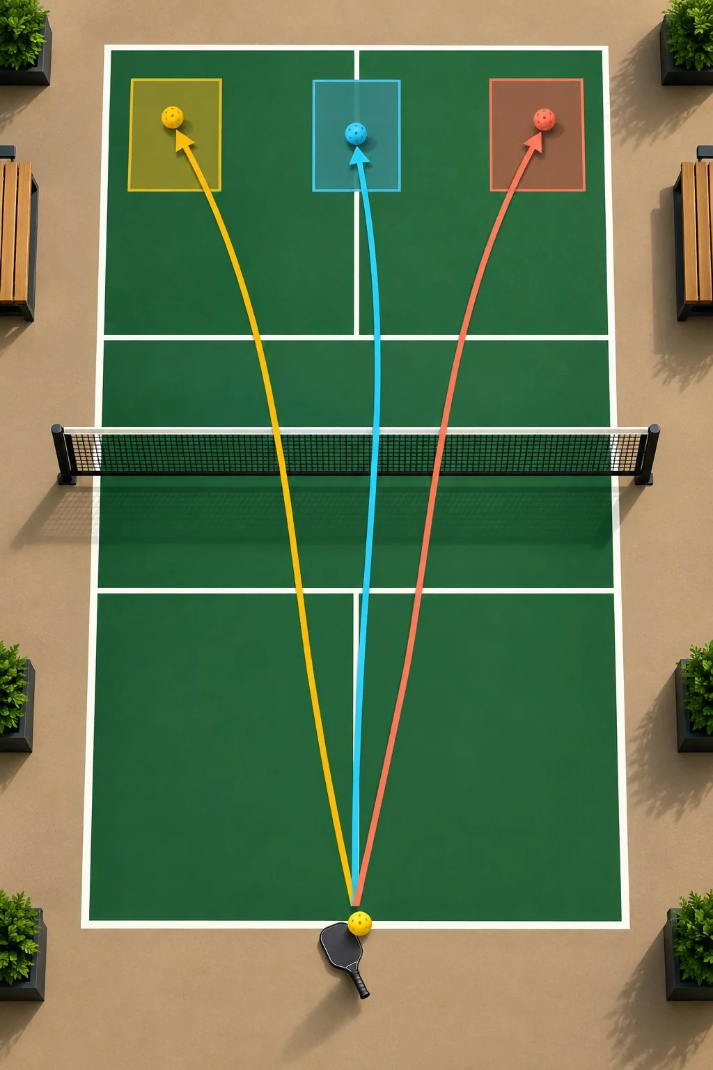 Cibles profondes et trajectoires de service sur un court de pickleball