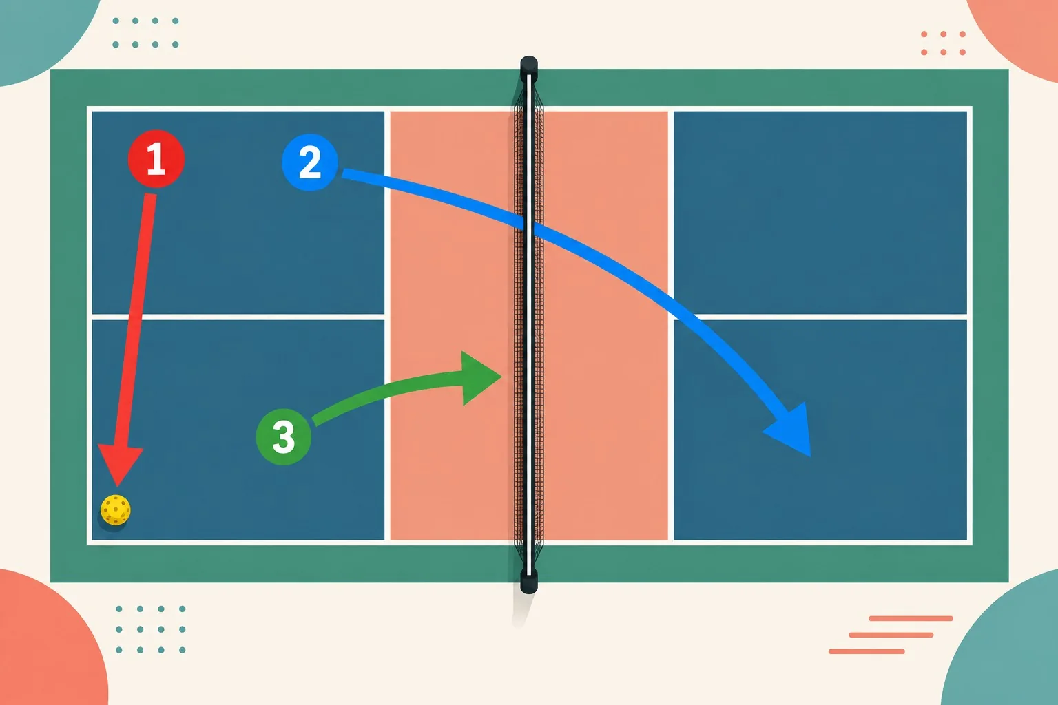 Trajetória de ataque e retorno à posição equilibrada no pickleball