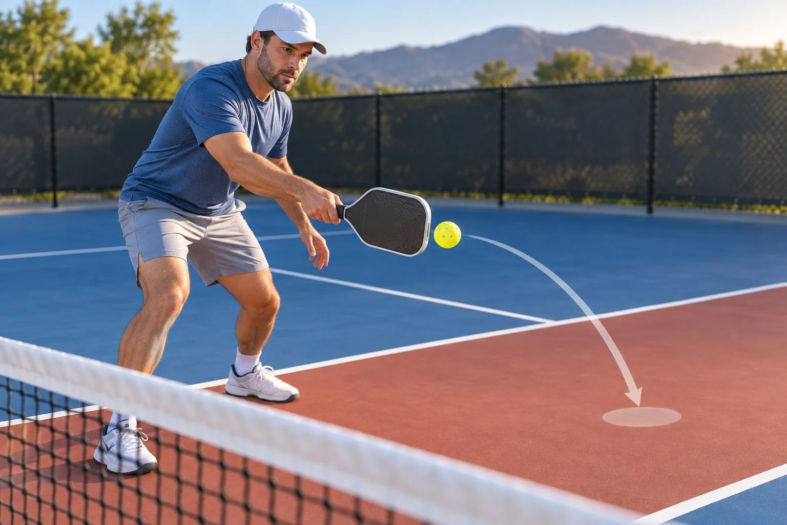 Overhead coaching diagram of a pickleball dink arc peaking before the net and descending into the kitchen