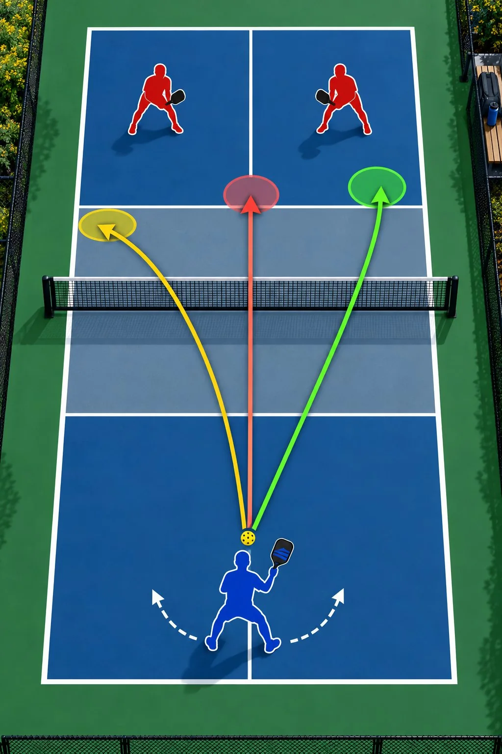 Close-up coaching diagram of continental grip, forward contact, and a controlled low dink arc