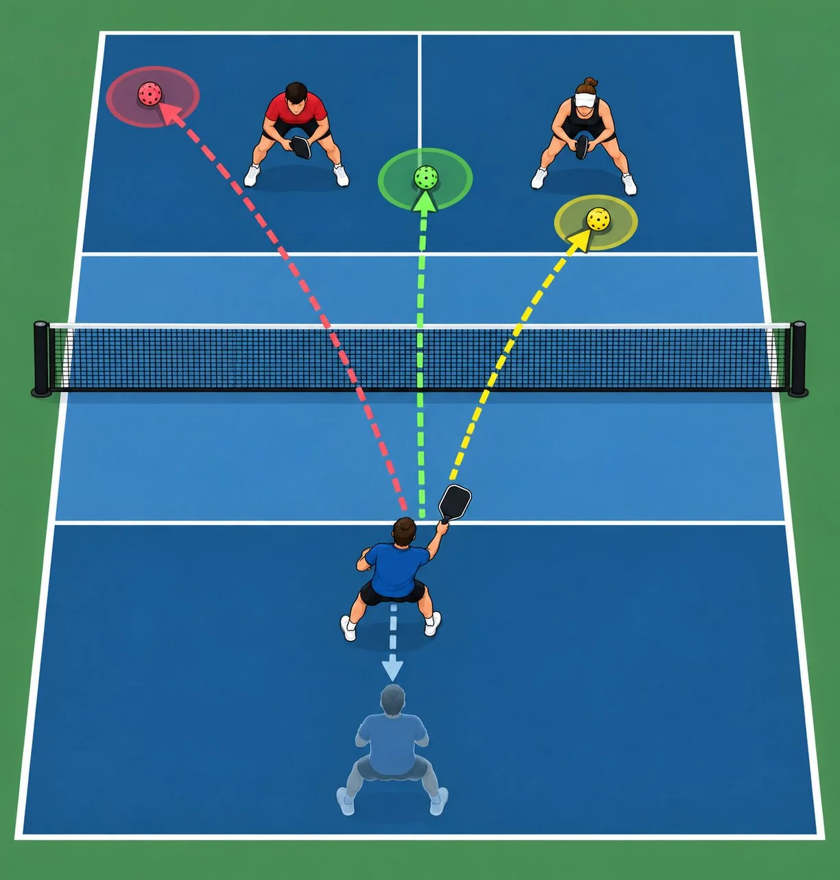 Overhead pickleball target diagram showing crosscourt, feet, and middle dink landing zones