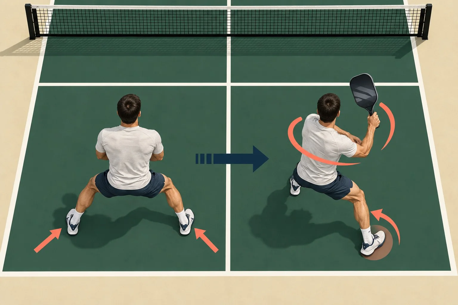 Overhead coaching diagram showing the pickleball load step and weight transfer