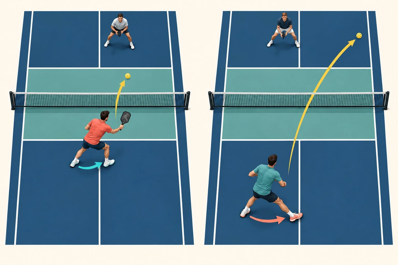 Pickleball diagram showing split step, load step, and unit turn as one sequence