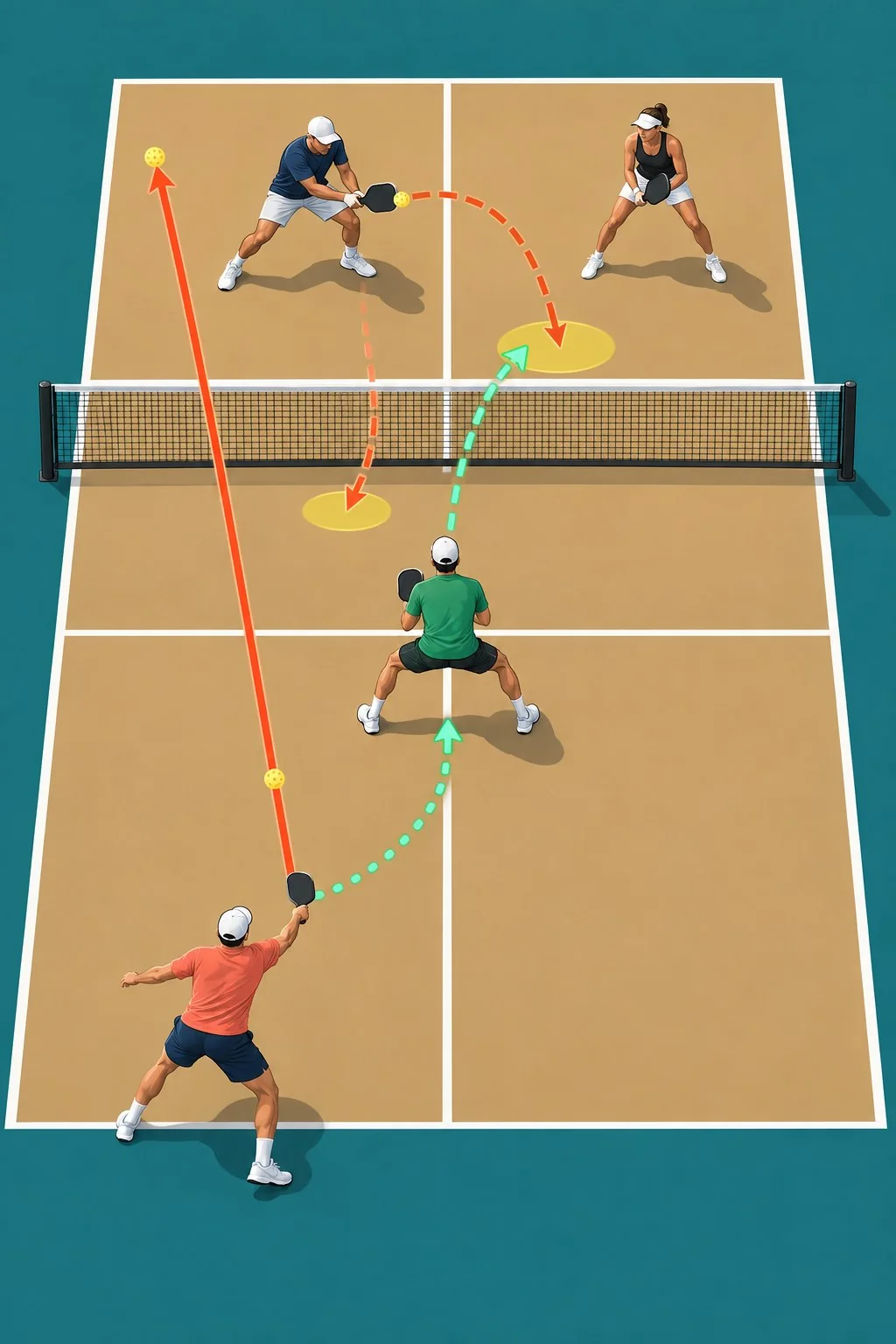 Technical court diagram showing a drive-to-drop sequence and fifth-shot target