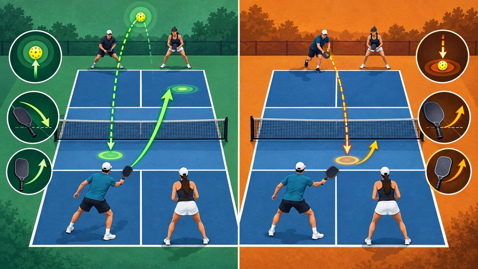 Two-panel pickleball decision diagram comparing attack and reset by ball height