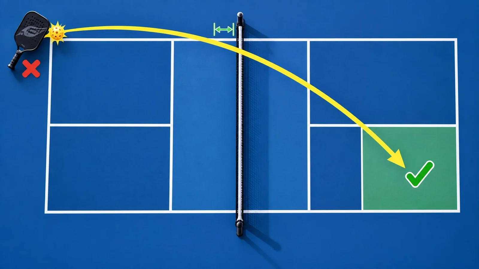 Overhead court diagram showing an ATP path around the net post and recovery route