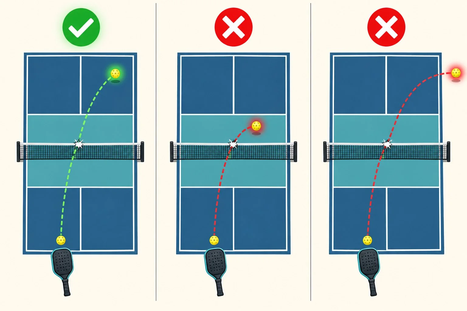 Overhead diagram of a pickleball serve clipping the net and landing in the service court