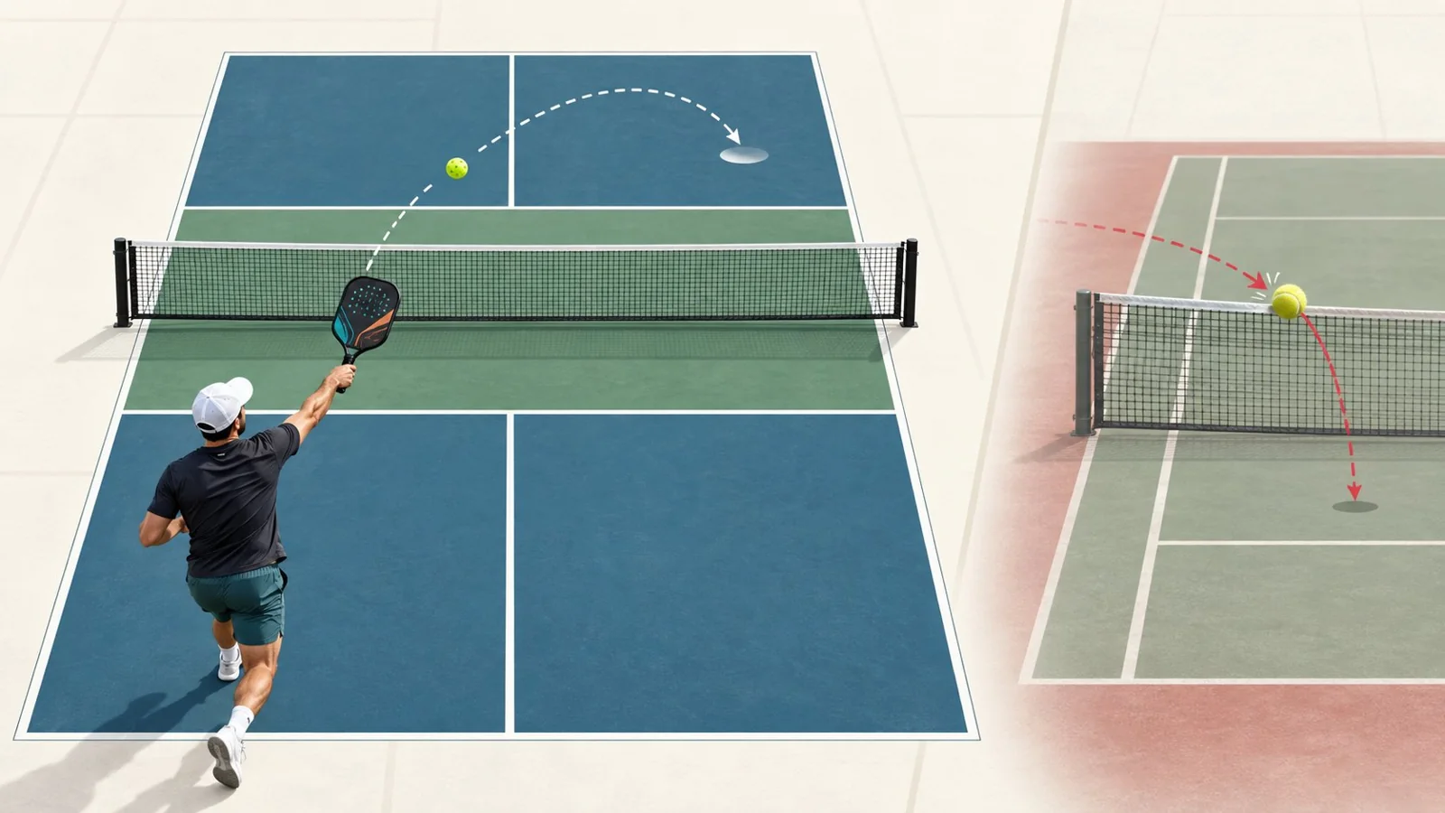 Three visual outcomes for a net-clipping pickleball serve: live, kitchen fault, and out