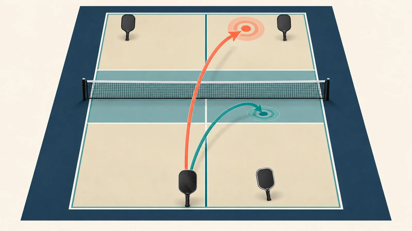 Close-up coaching diagram showing legal volley contact height, paddle position below the wrist, and upward paddle path