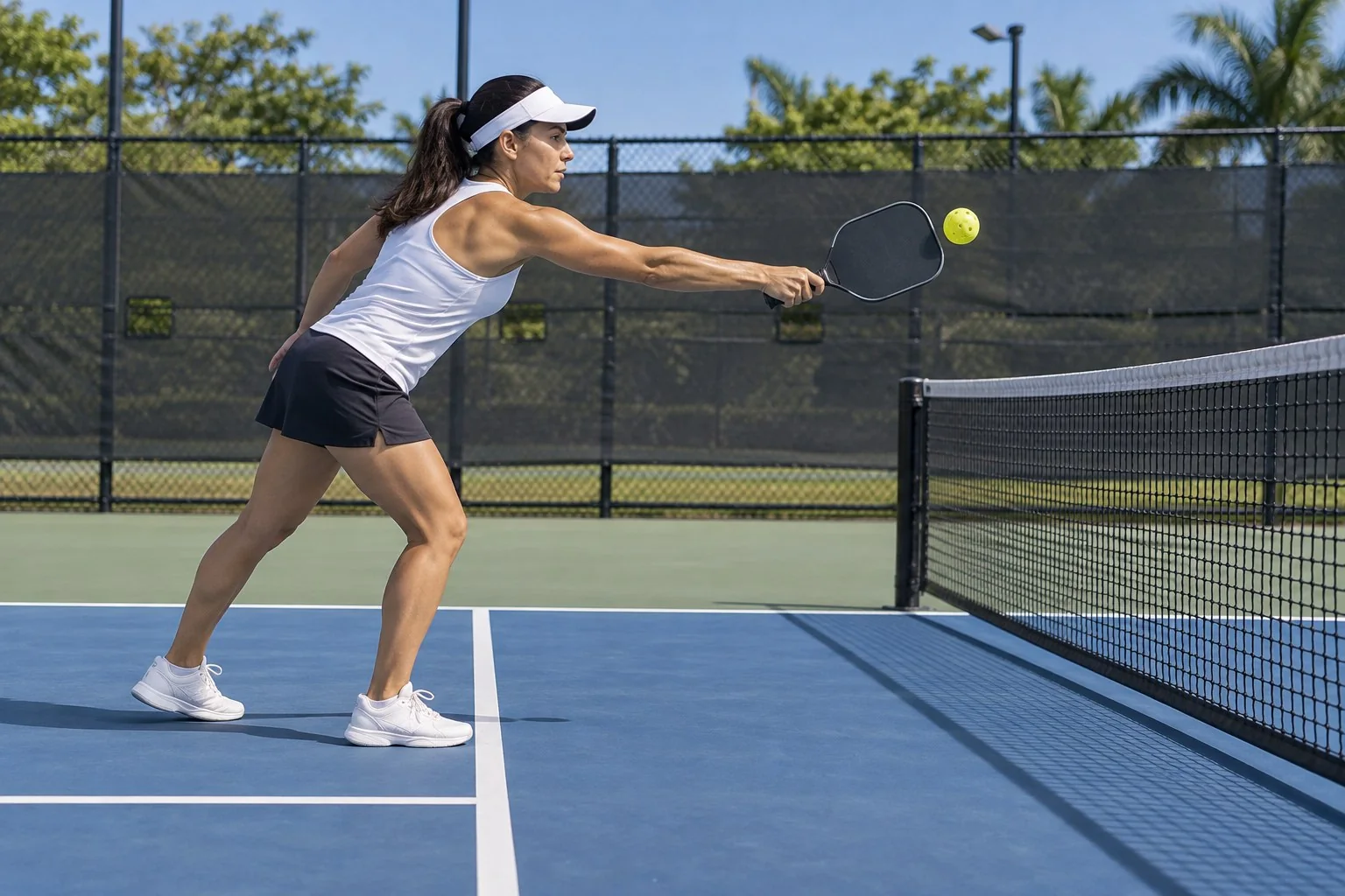 Diagrama da quadra de pickleball com as zonas de não voleio destacadas