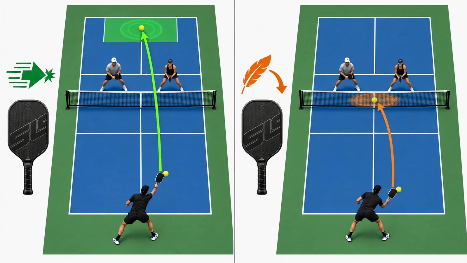 Overhead pickleball decision diagram showing a deep return, the transition zone, and a third-shot drop into the non-volley zone