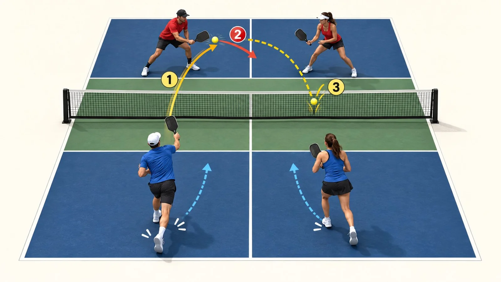 Close-up pickleball coaching visual of compact topspin contact in front of the hip and a dipping ball path