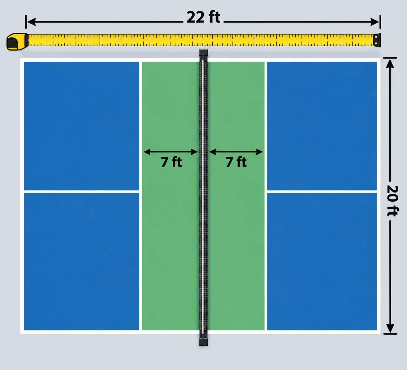 Vista superior das medidas de uma quadra de pickleball