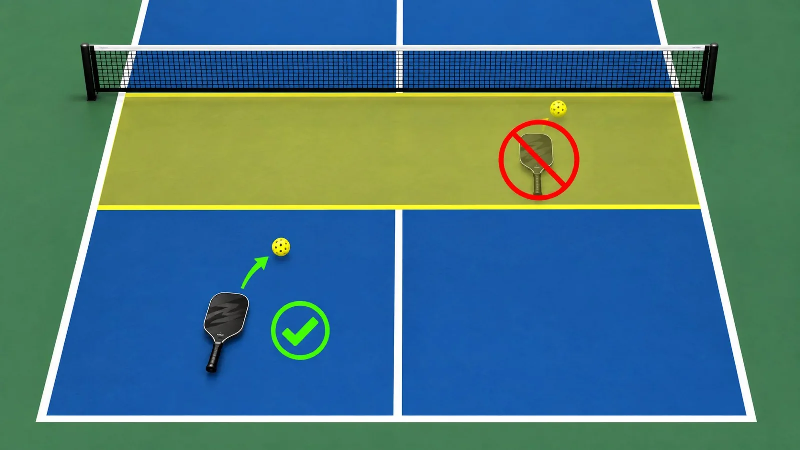 Overhead pickleball court diagram showing the non-volley zone beside the net