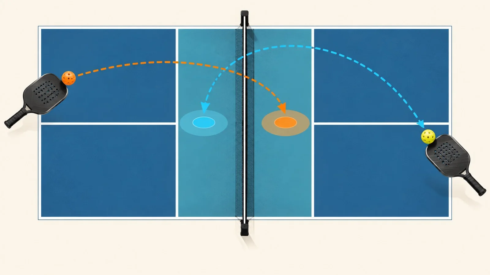 Pickleball tactical diagram showing a soft dink and drop landing inside the kitchen