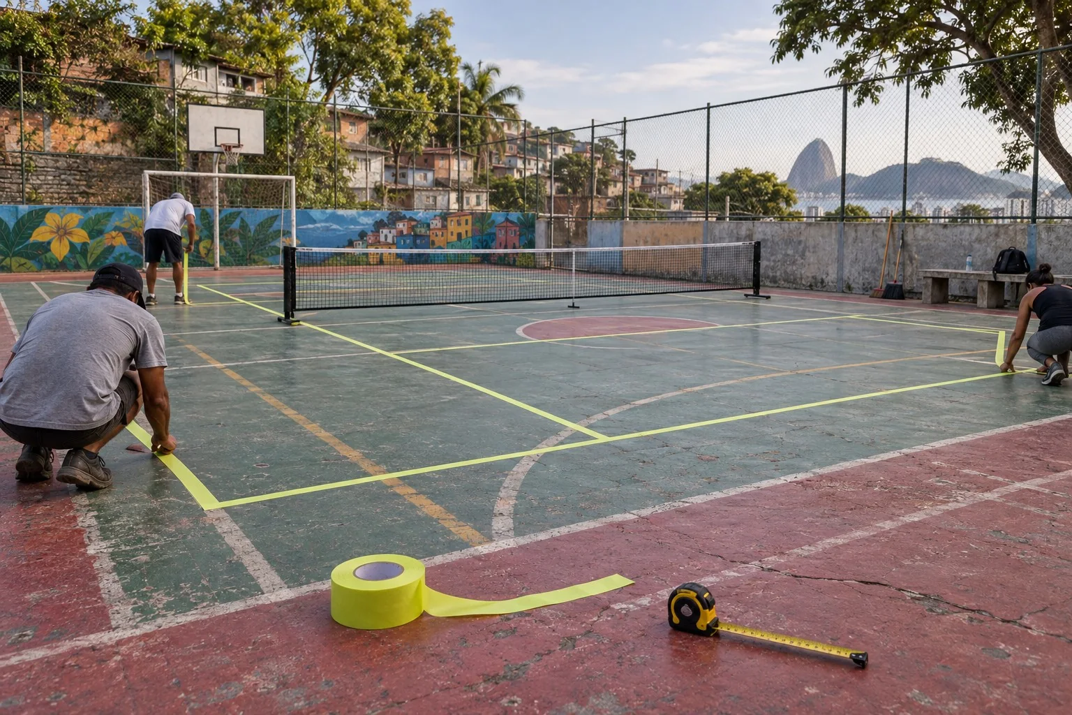 Diagrama da sequência de medição e marcação de uma quadra de pickleball