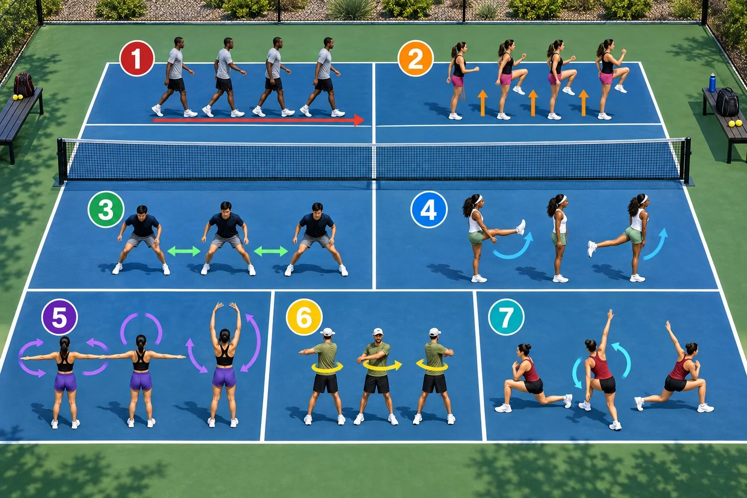 Diagram of the first four minutes of a dynamic pickleball warm-up
