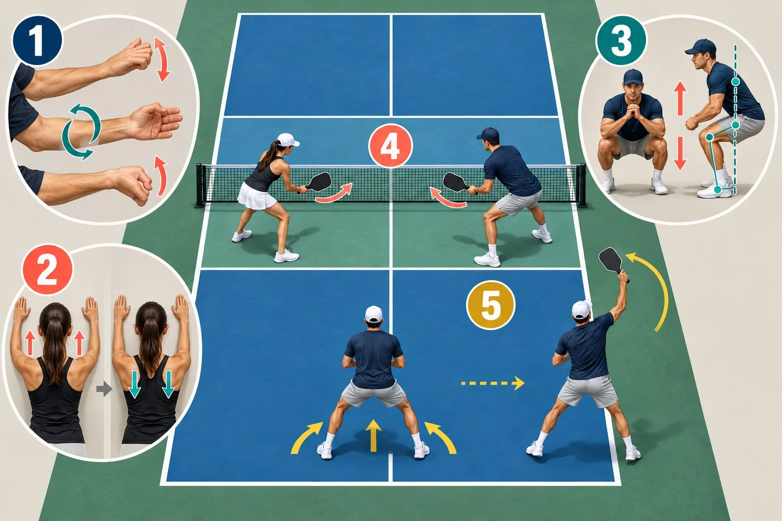 Court-side mobility diagram for wrists, shoulders, hips, knees, and ankles