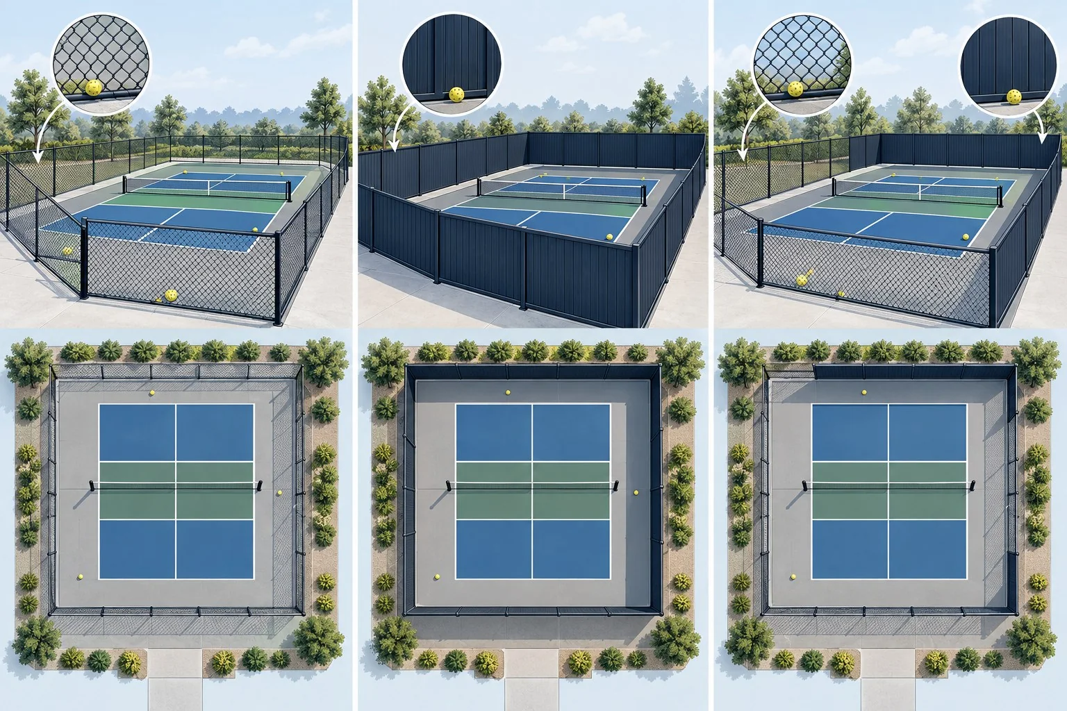 Comparison visual of open mesh, solid, and hybrid pickleball court fencing
