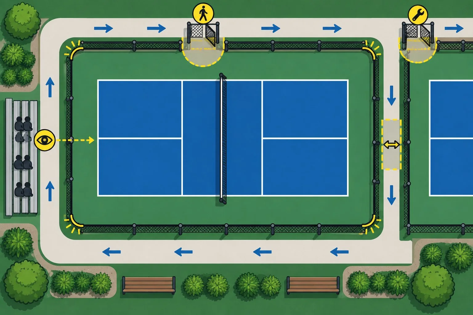 Overhead safety diagram showing gates, circulation, sightlines, and a divider between pickleball courts