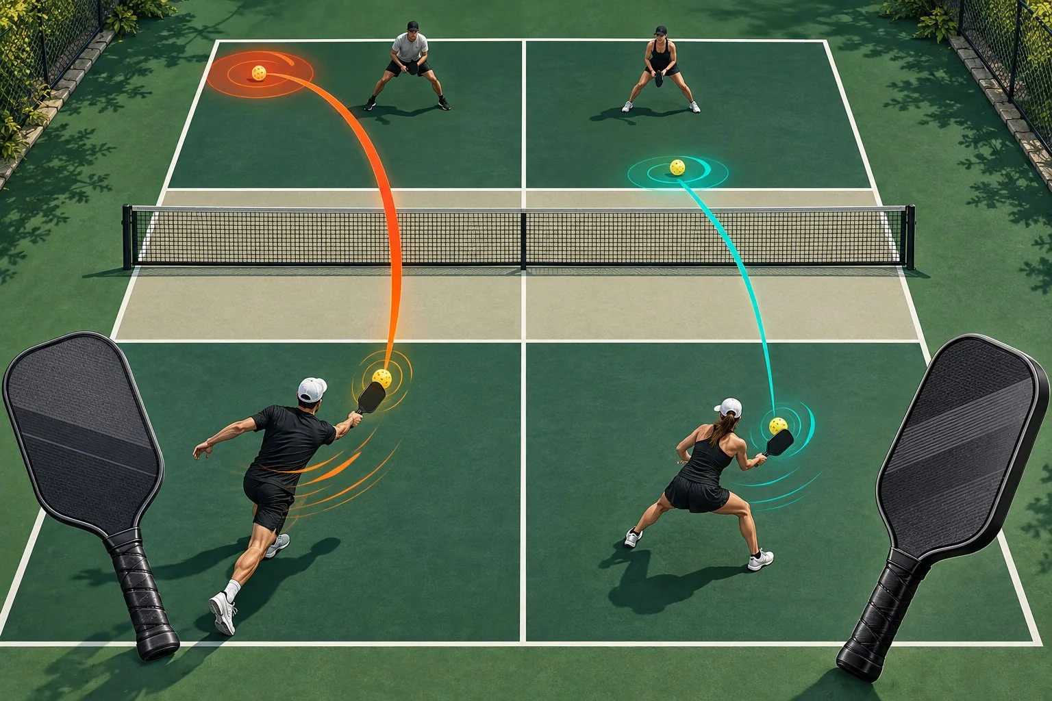 Instructional comparison of topspin and slice paths with distinct bounce trajectories
