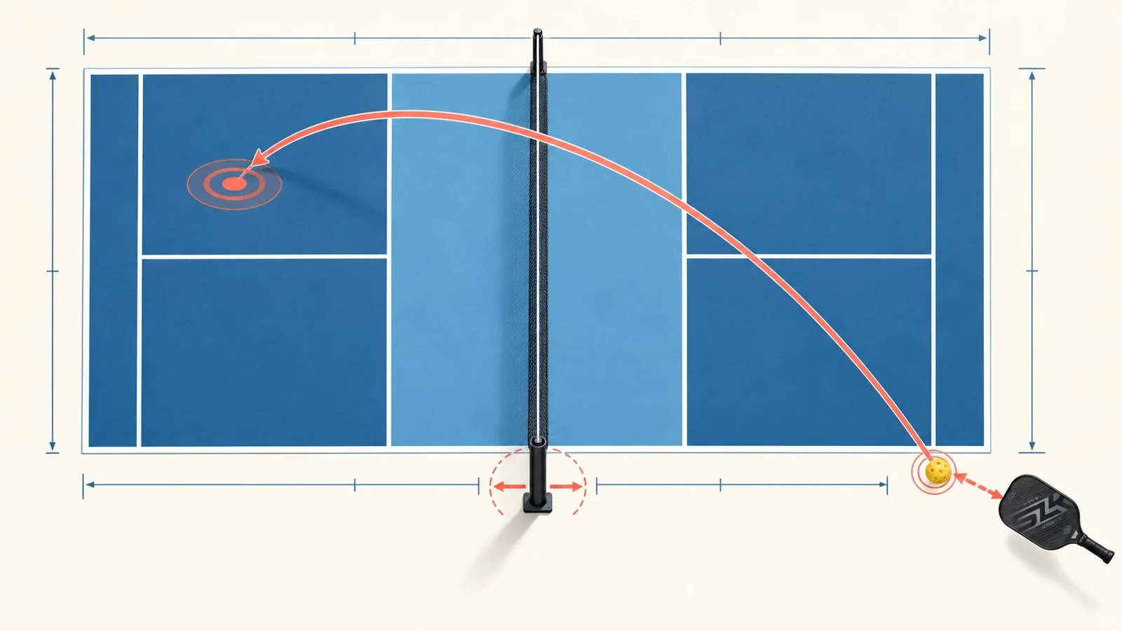 Overhead pickleball court diagram showing a wide chase and recovery route