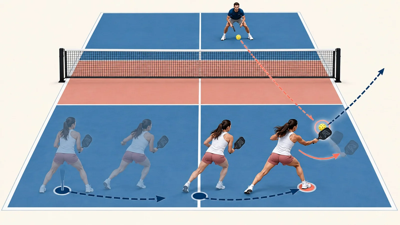 Instructional pickleball footwork diagram showing outside-foot braking and diagonal recovery