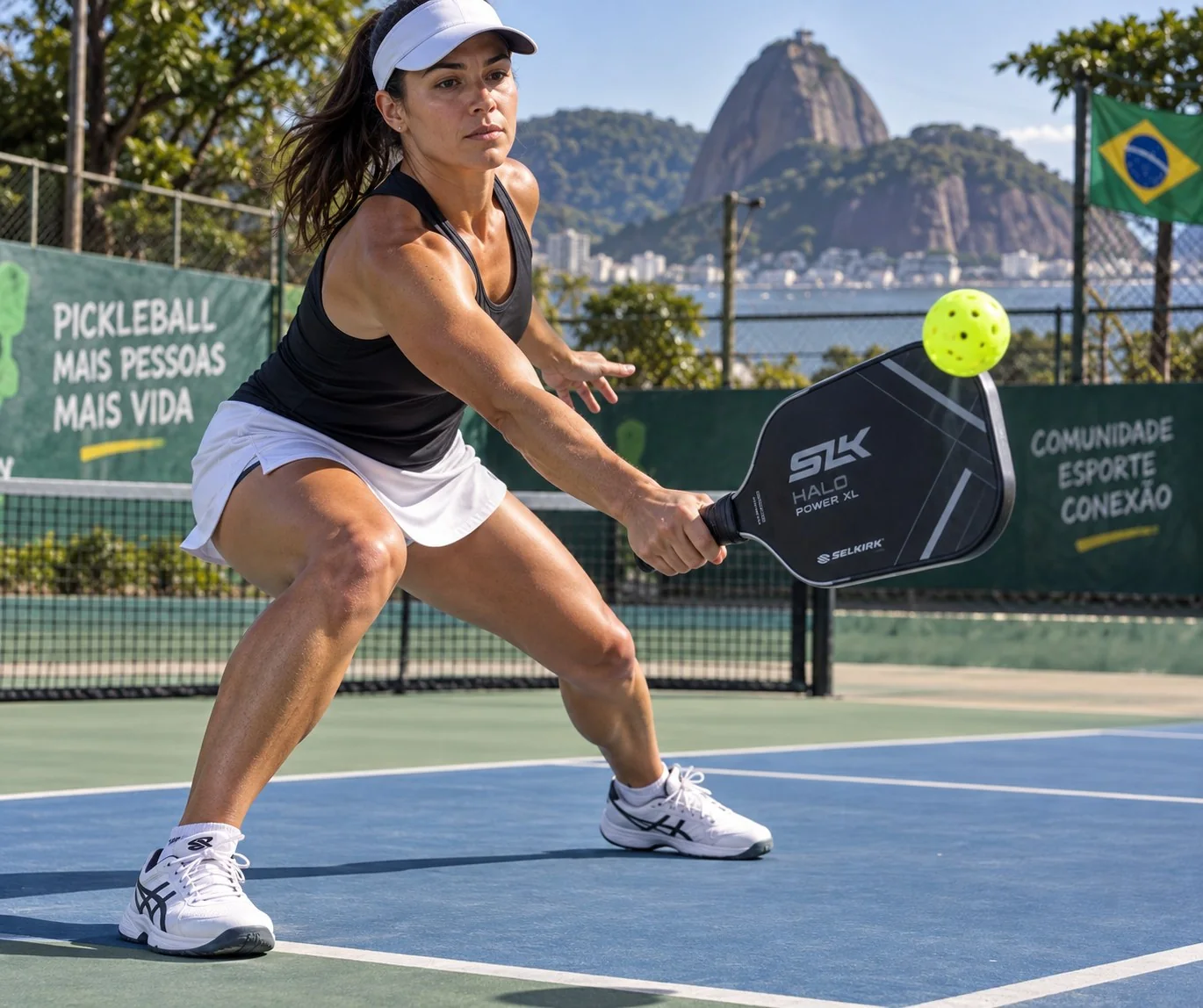 Diagrama superior do lob defensivo profundo no pickleball, com trajetória e zonas da quadra