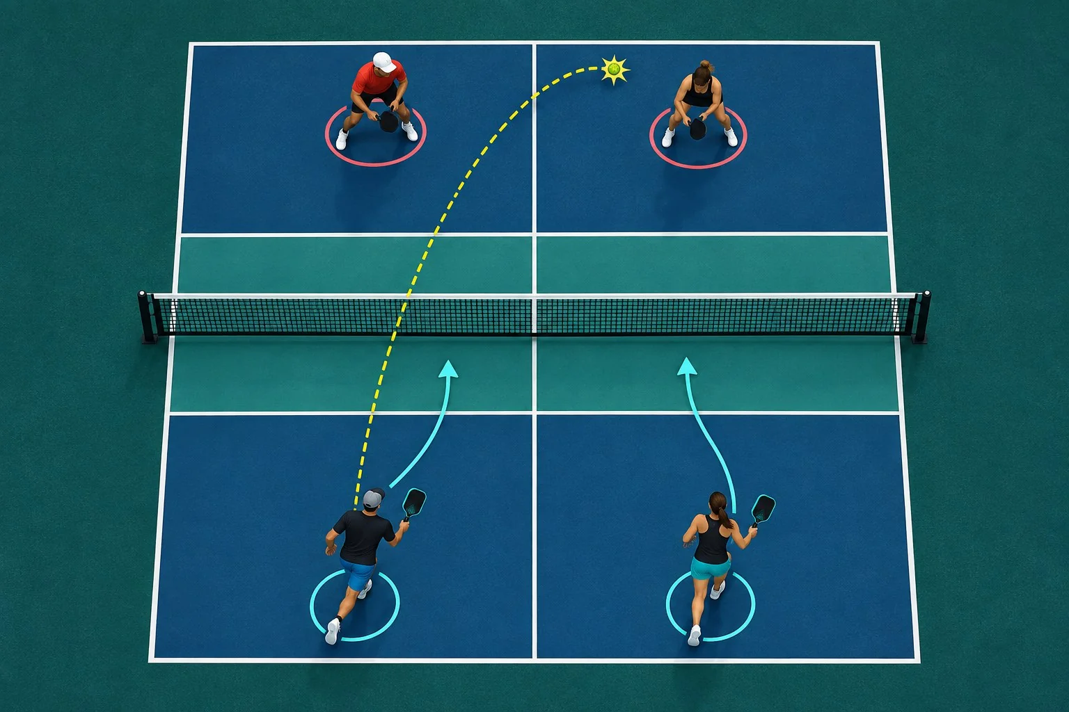 Close-up da base equilibrada e do contato à frente durante um lob defensivo de pickleball