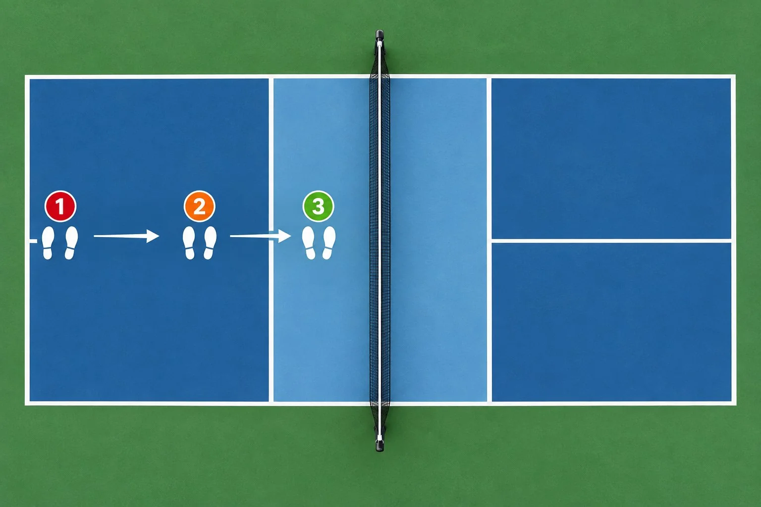 Overhead footwork sequence showing controlled recovery from the baseline toward the kitchen