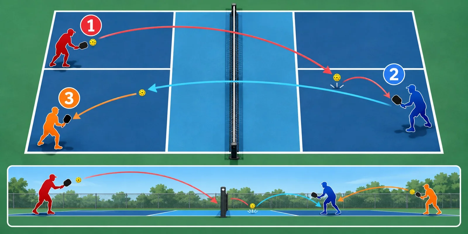Diagrama da sequência dos dois quiques no pickleball: saque, devolução e quique em cada lado