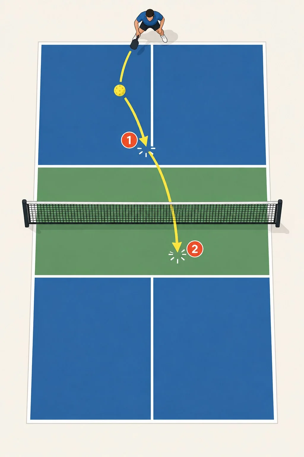 Sơ đồ người chơi trả giao bóng rồi tiến lên khu bếp trong pickleball