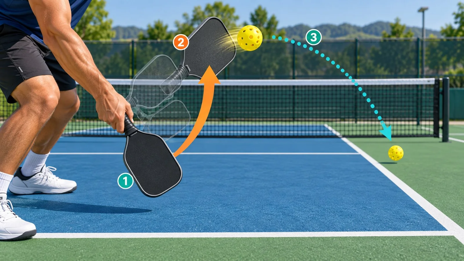 Cận cảnh chuyển động đầu vợt từ thấp lên cao để tạo topspin pickleball