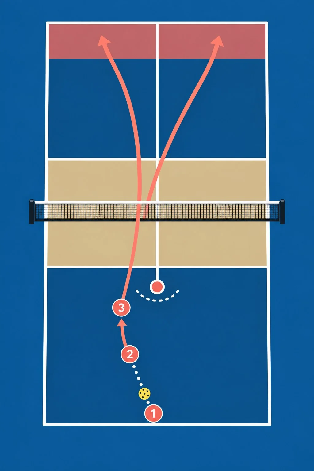 Sơ đồ huấn luyện topspin drive từ cuối sân, vùng mục tiêu và vị trí hồi vị