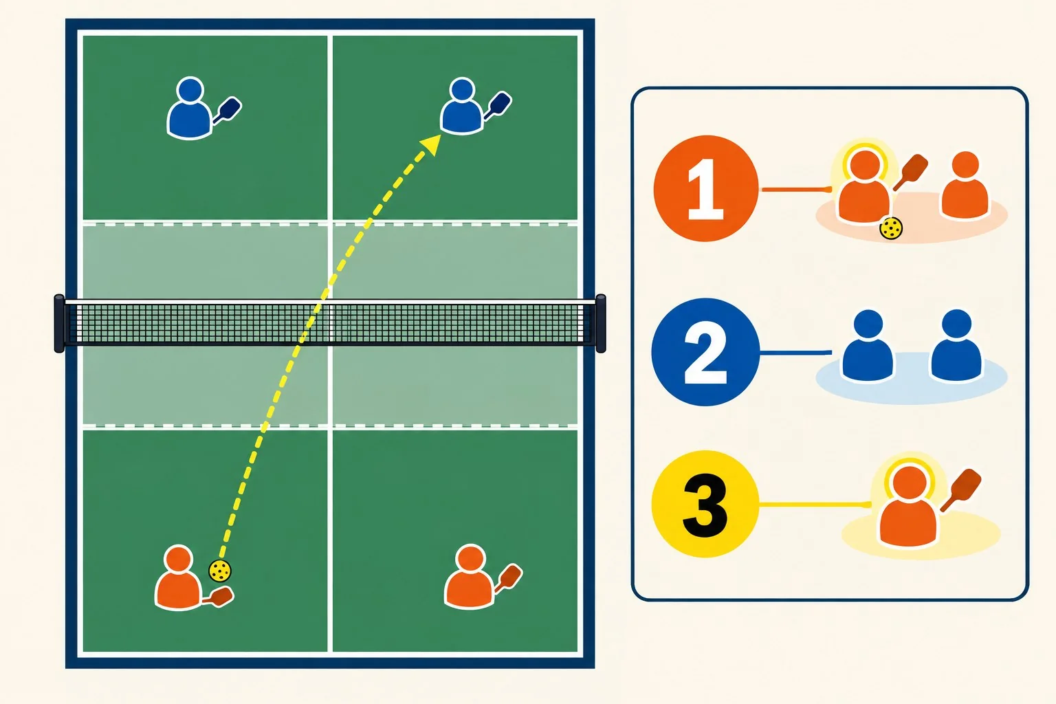 Overhead doubles pickleball scoring diagram with two teams, server positions, and a three-number score call represented by visual markers
