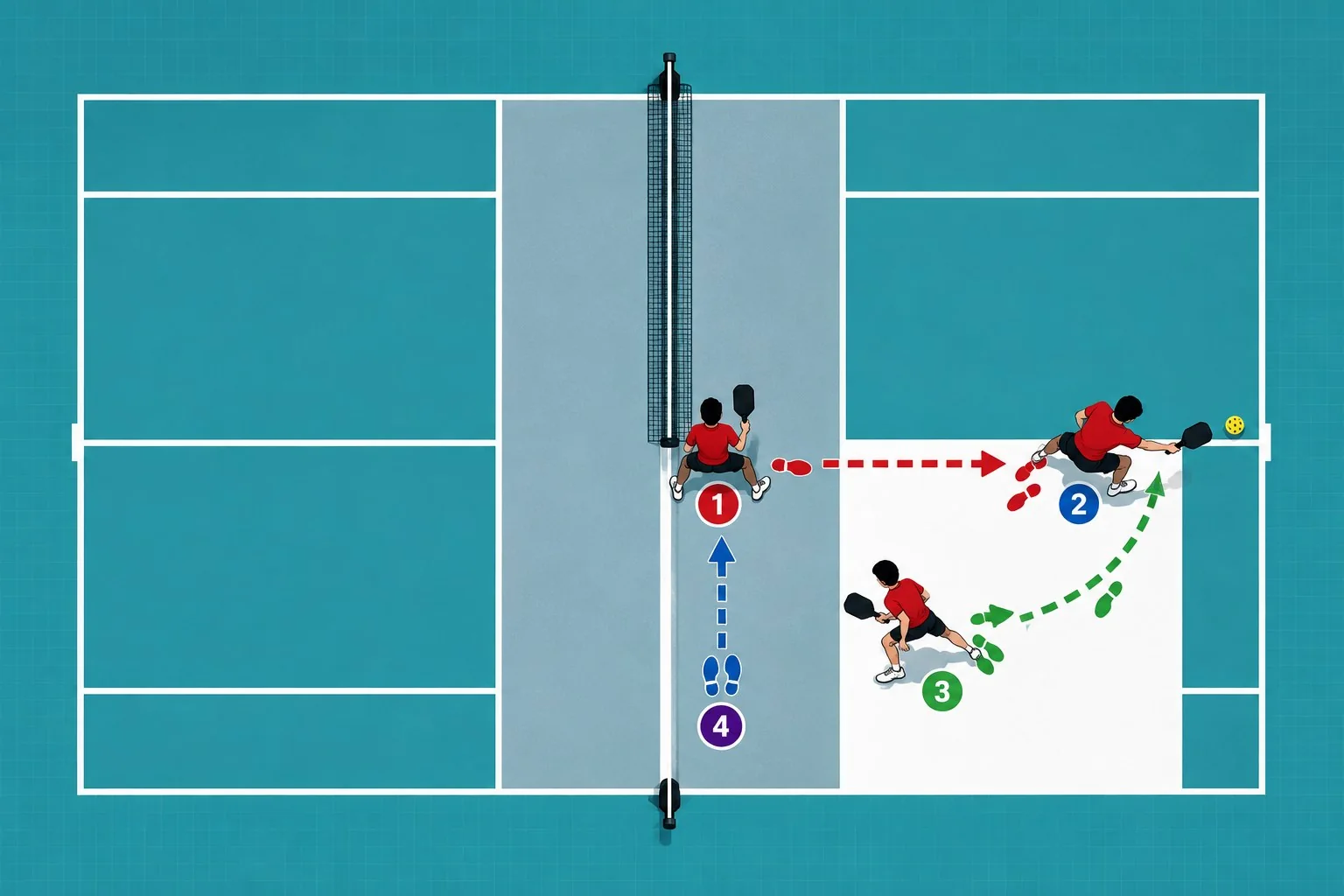 Overhead footwork diagram showing a lateral shuffle and crossover recovery to center