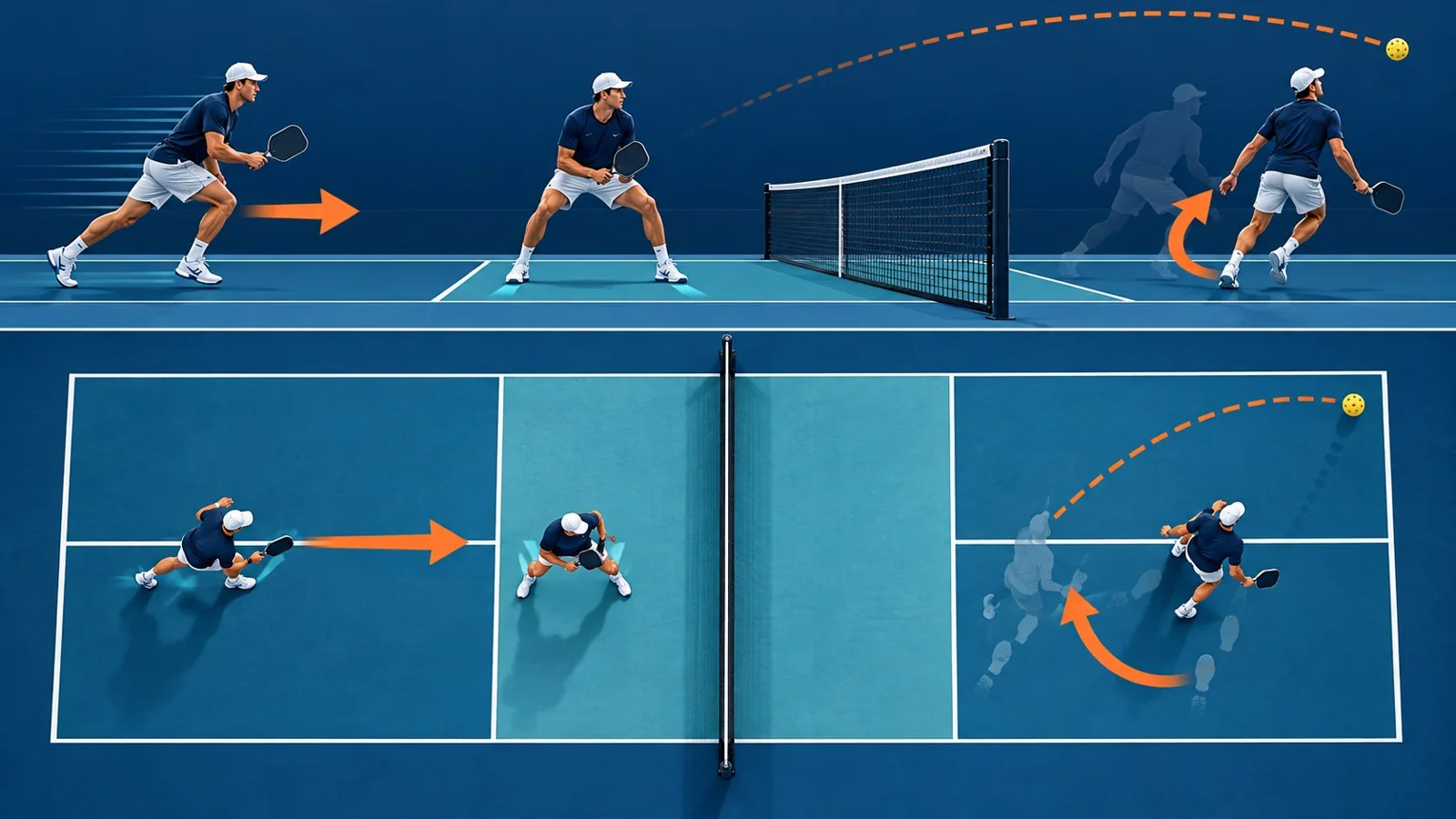 Pickleball approach and retreat diagram with split-step timing and safe court lanes