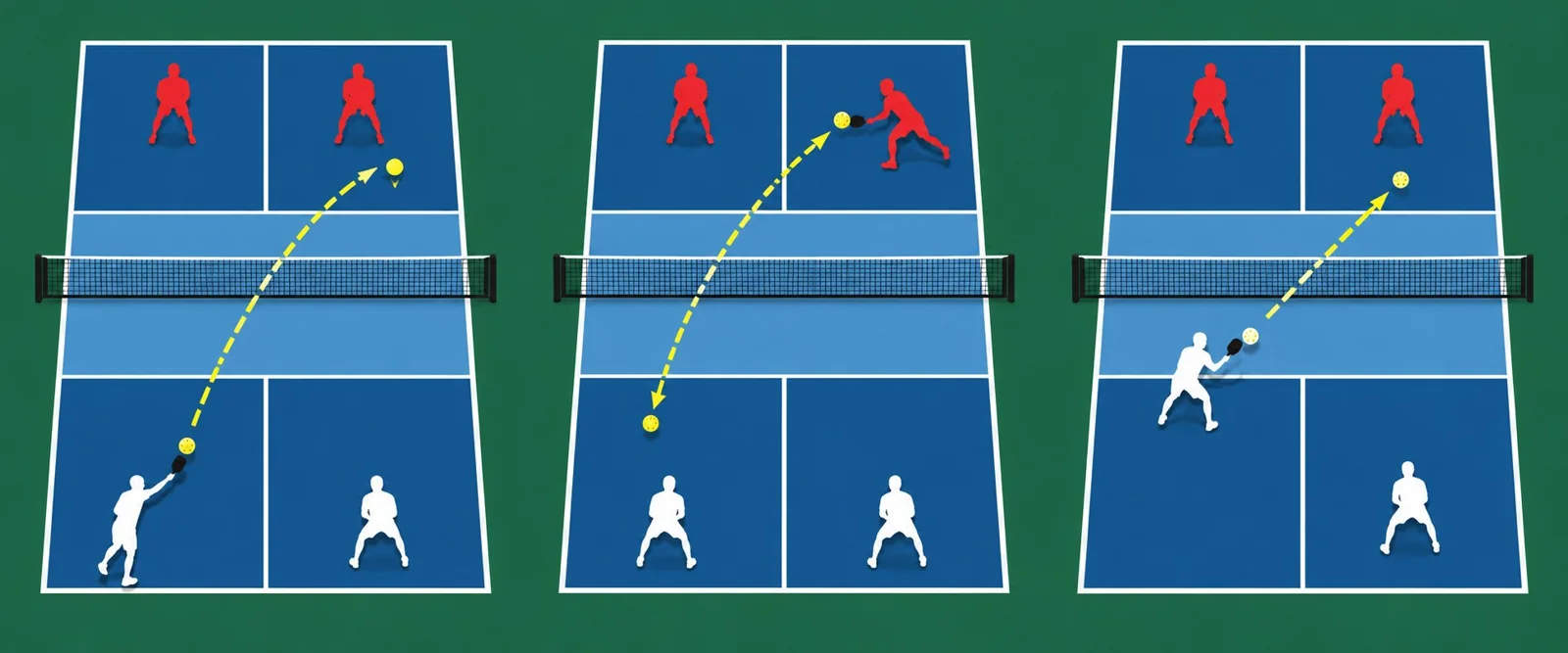 Overhead pickleball court showing the serve bounce and return bounce before a legal volley