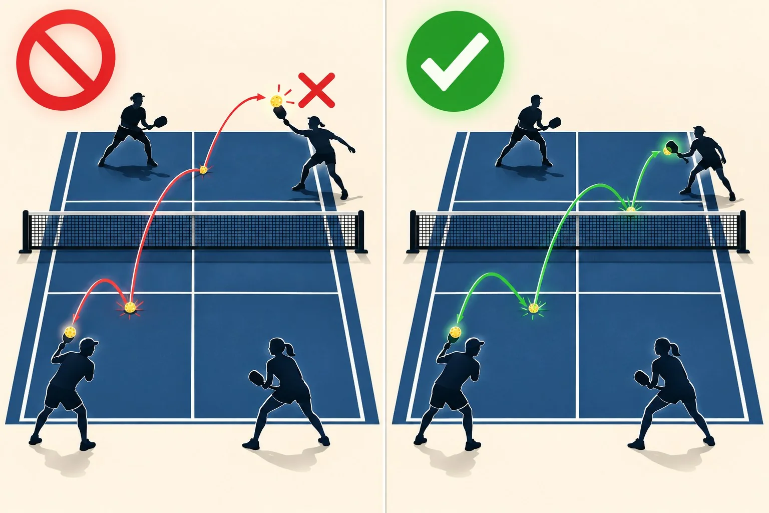Rules coaching visual contrasting a premature volley with legal play after both required bounces