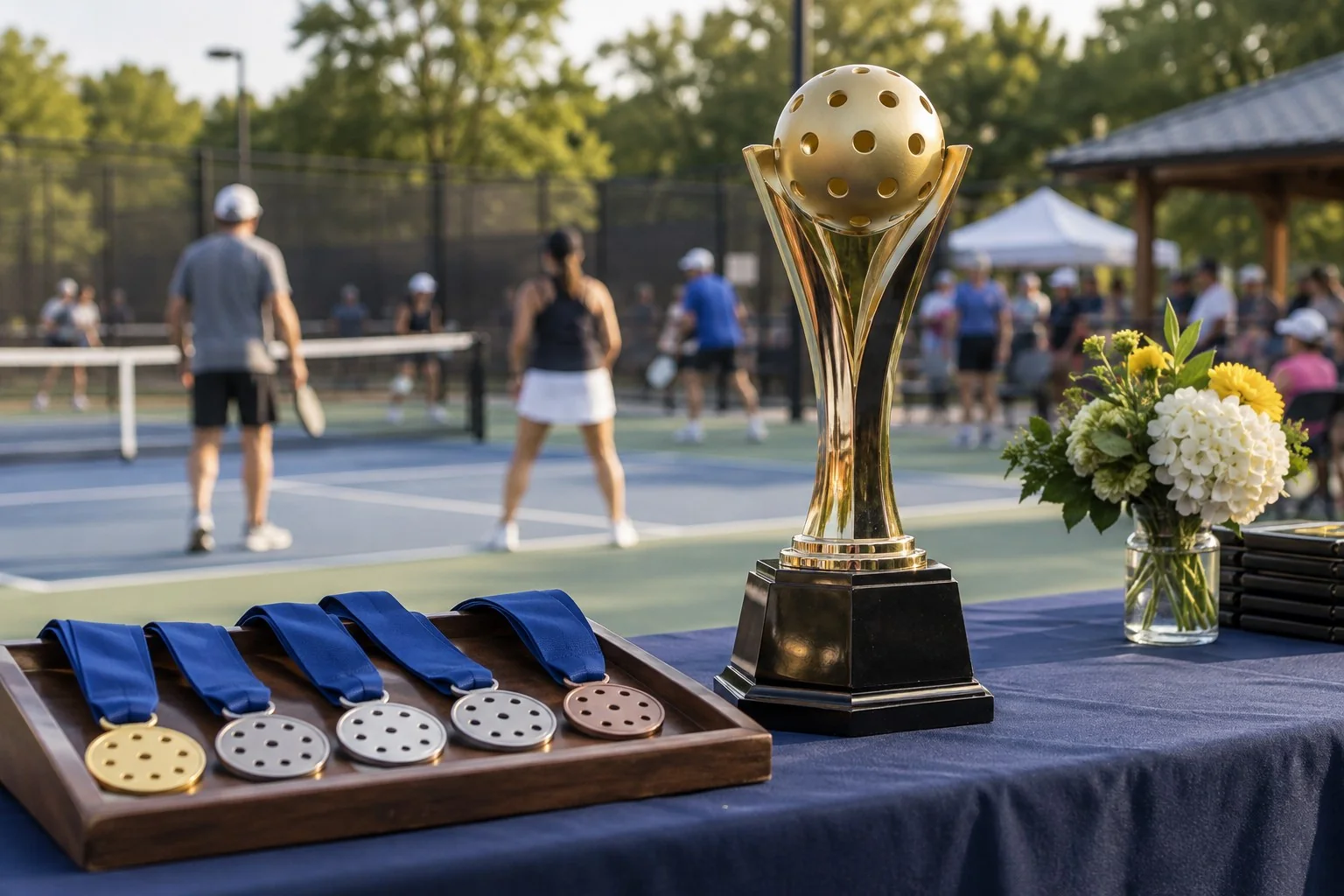 Cena editorial de uma cerimônia de pickleball com troféu e medalhas