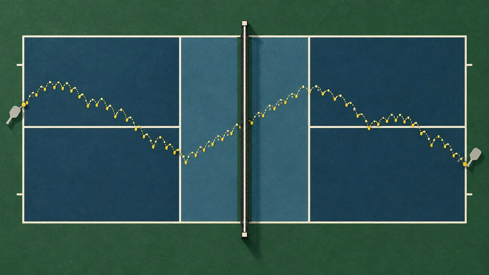 Diagrama visual de uma troca longa em uma quadra de pickleball